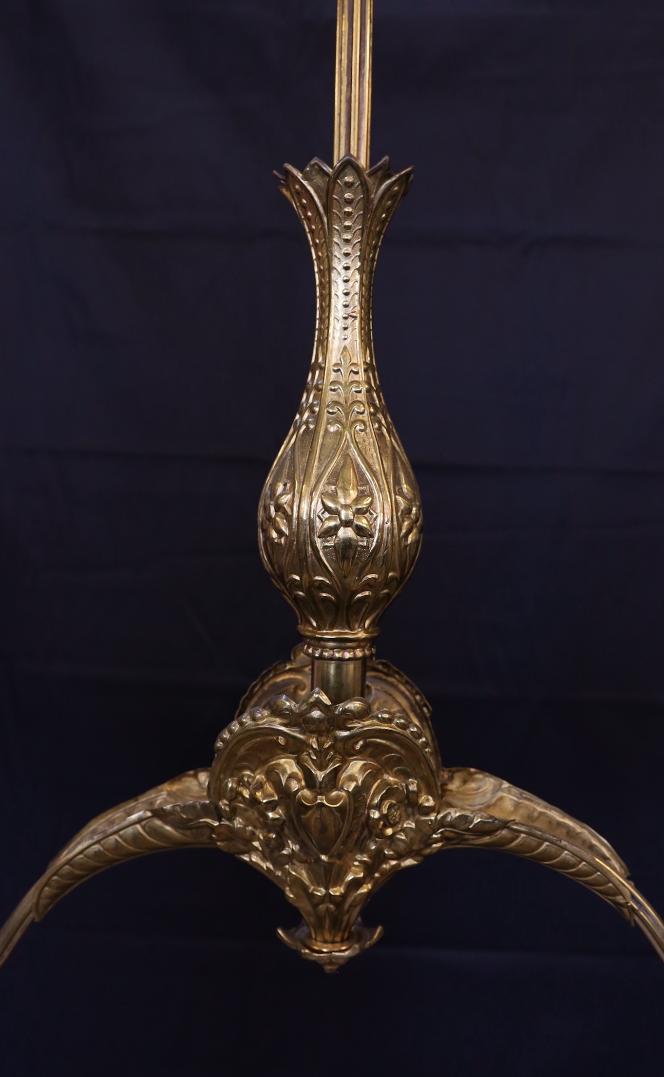 A mid 19th century brass twin branch gasolier with etched crystal glass shades, drop 100cm. width 90cm